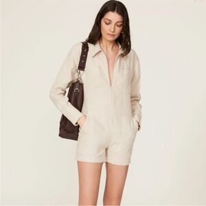 Rivet Utility Linen Romper/Oatmeal Line Beige/long sleeve/ Pocket Front